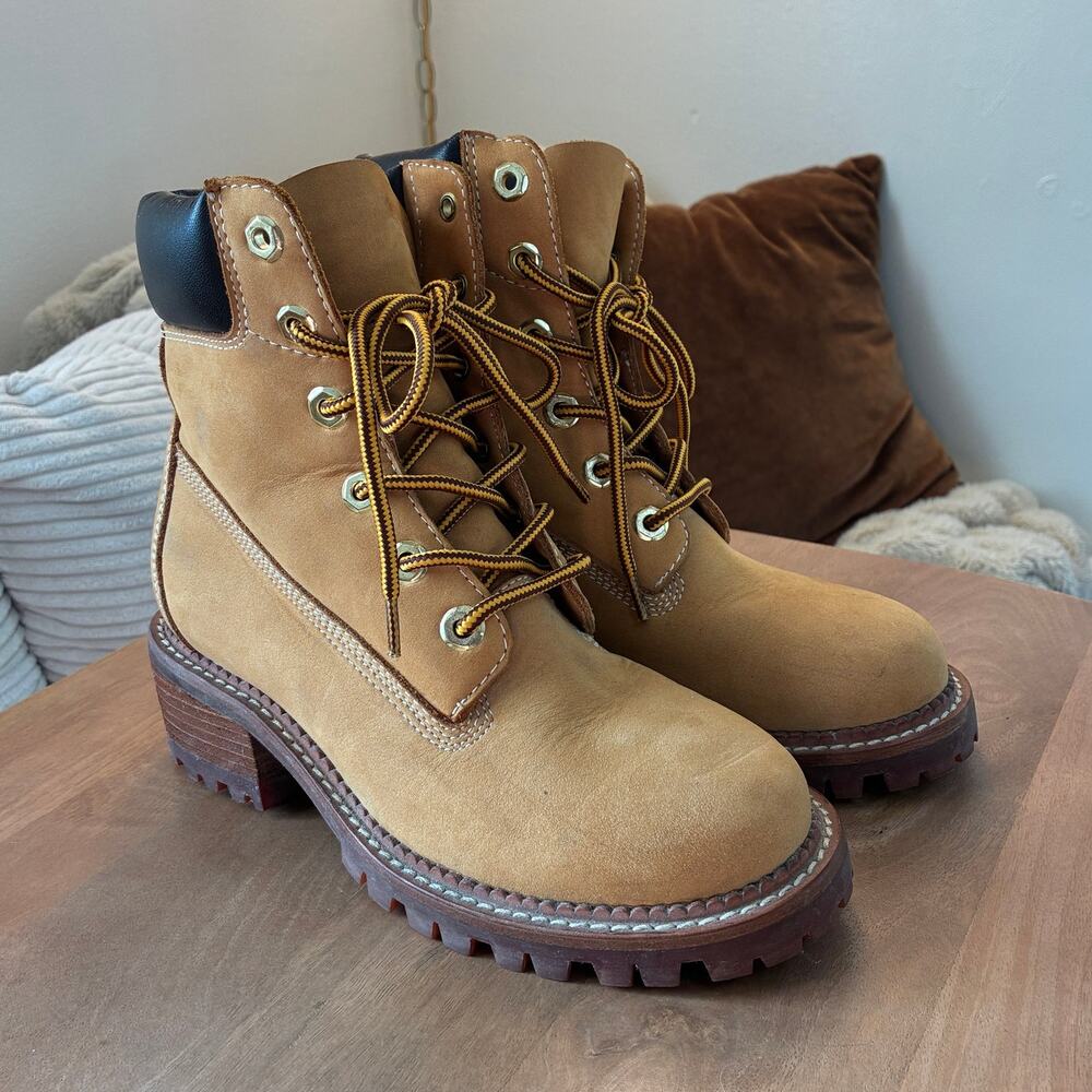Jeffrey Campbell Construct Wheat Nubuck Leather Combat Heeled Boots Size 6M